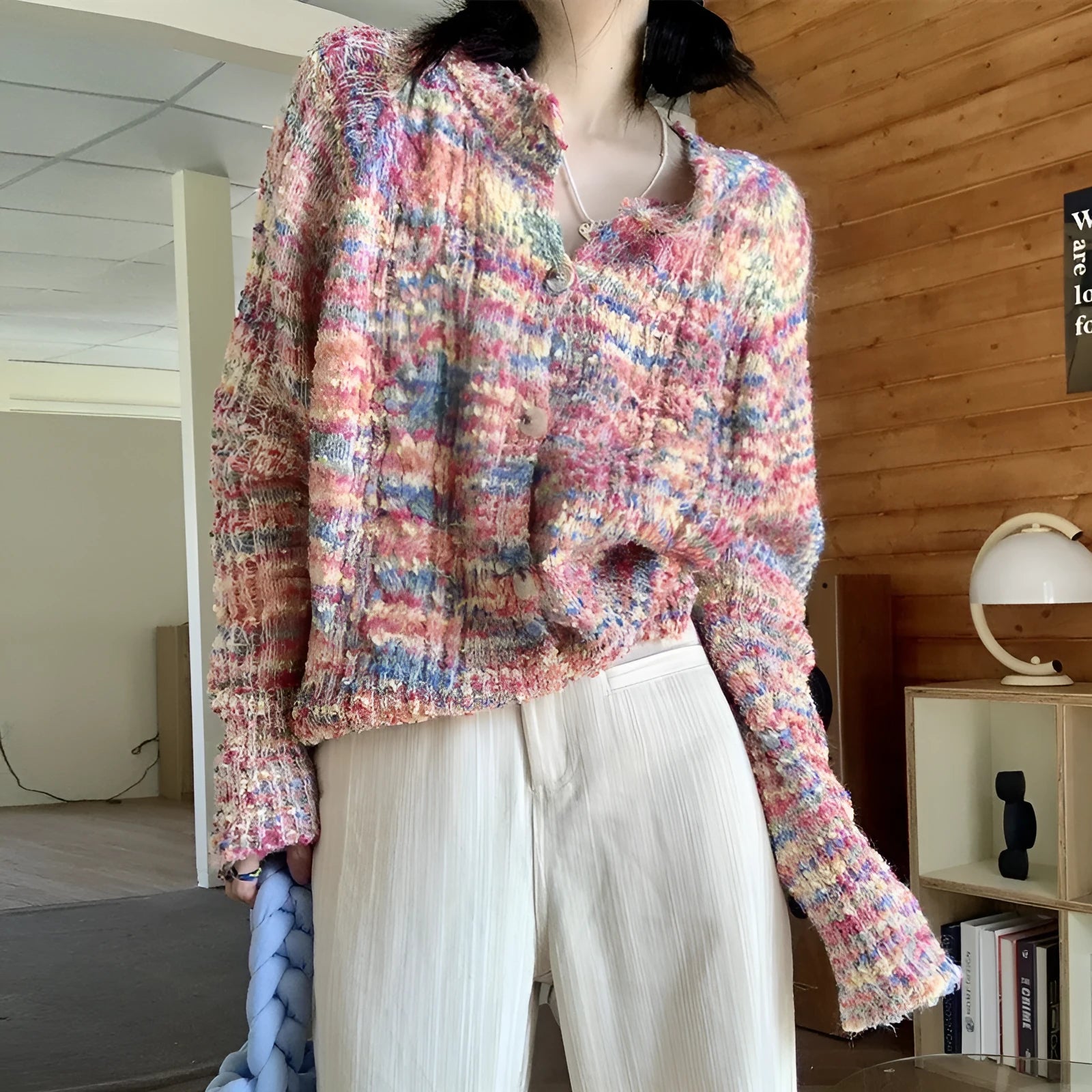 Retro rainbow pattern acrylic cardigan in green or pink ice cream colours with free size slim fit