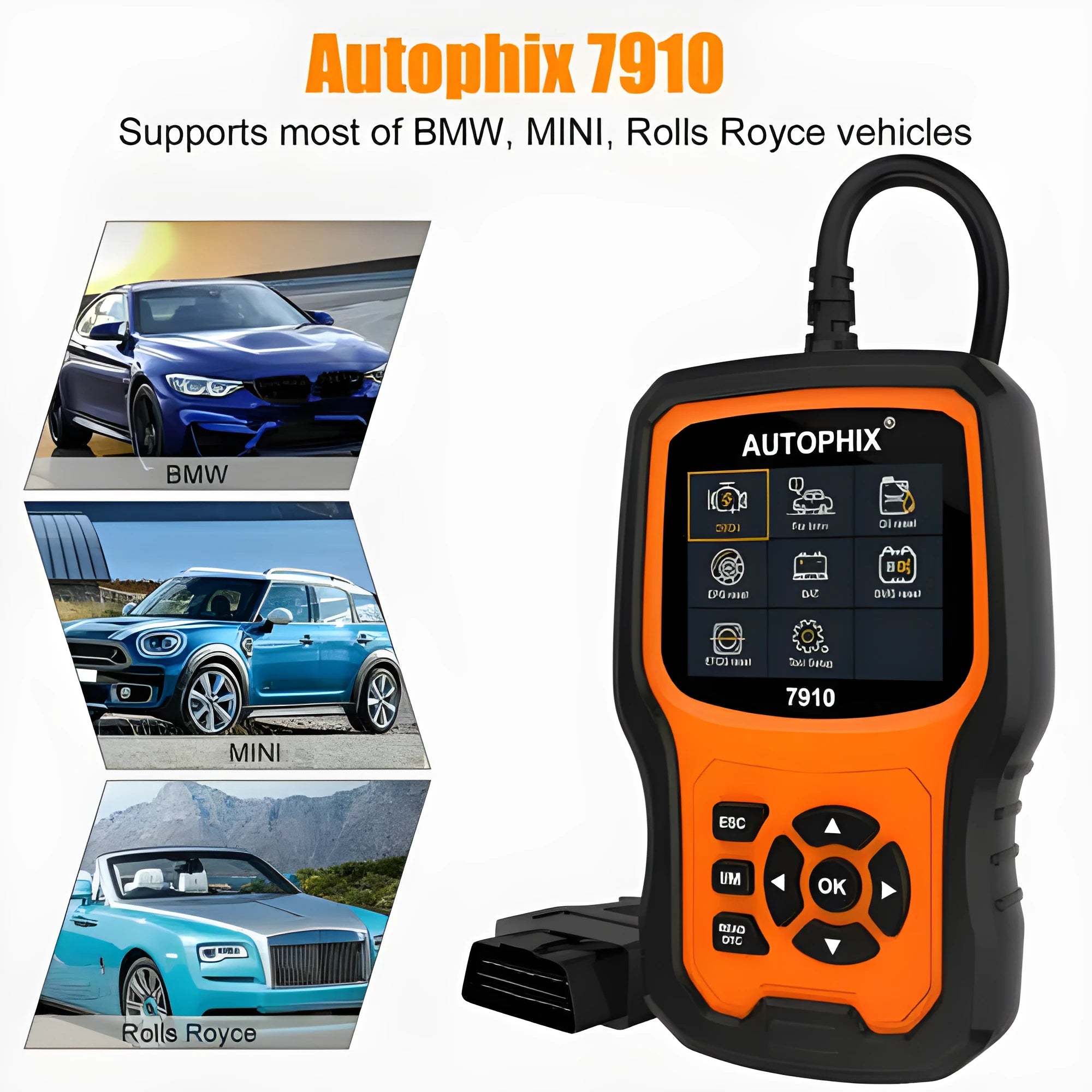 Autophix 7910 BMW diagnostic scanner tool with OBD2 connector for vehicle fault reading