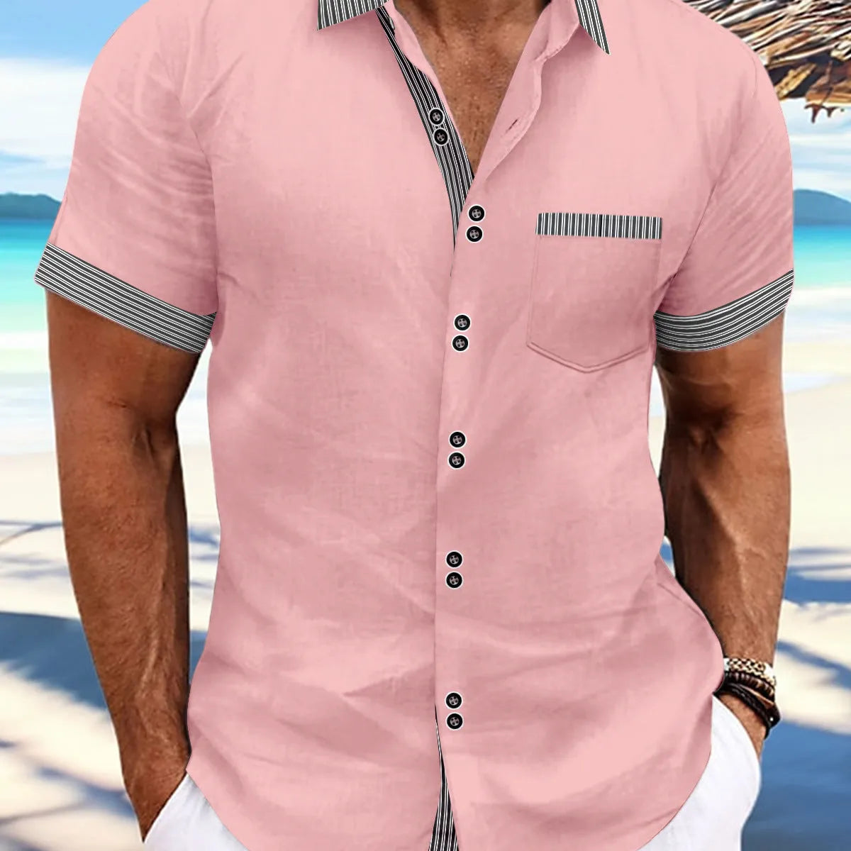 Pure cotton striped casual shirt in slim fit with short sleeves and a double-button front.