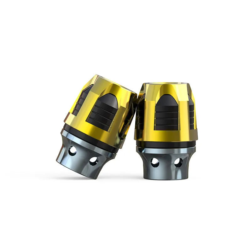 Pair of CNC machined aluminium alloy fork cups for motorcycle or electric car front axle, shown in anodised red.