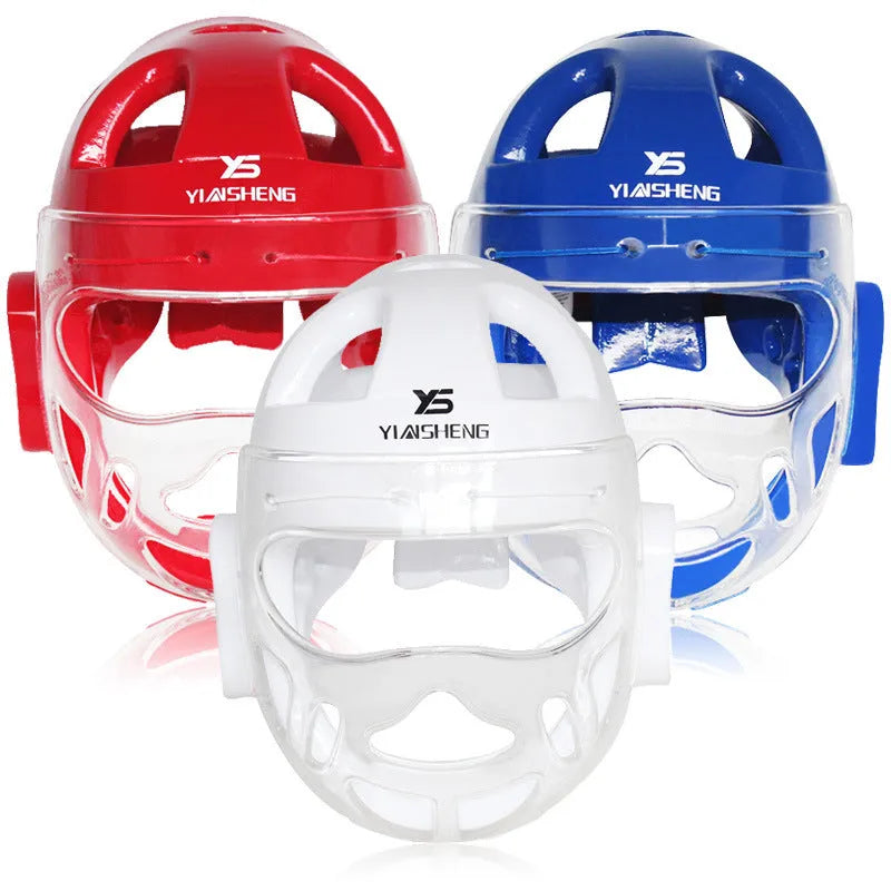 White, blue, and red karate boxing helmets for head protection in four sizes