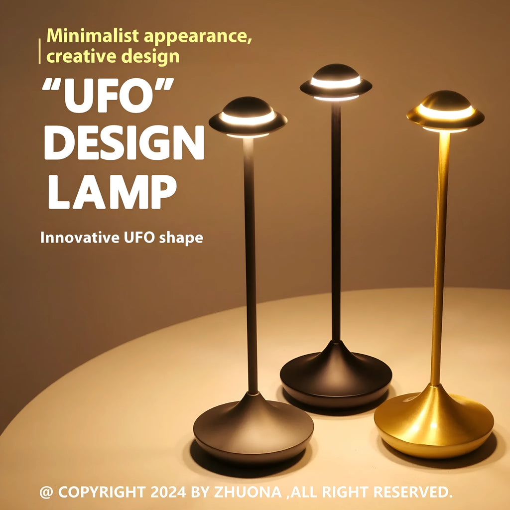 UFO-shaped metal table lamp with touch controls in black, gold, or grey colour options