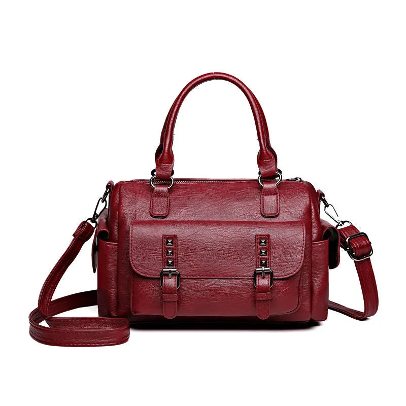 Vintage messenger bag with horizontal square design and contrast stitching in available colour options
