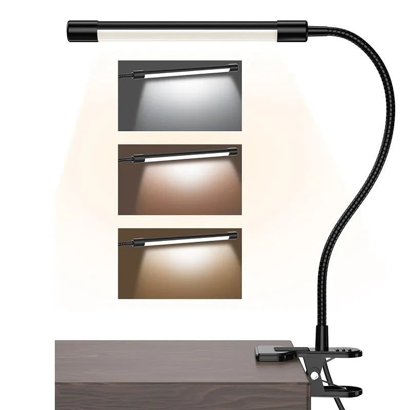 Black and white USB-powered LED desk lamp measuring 26cm length for student dormitory study
