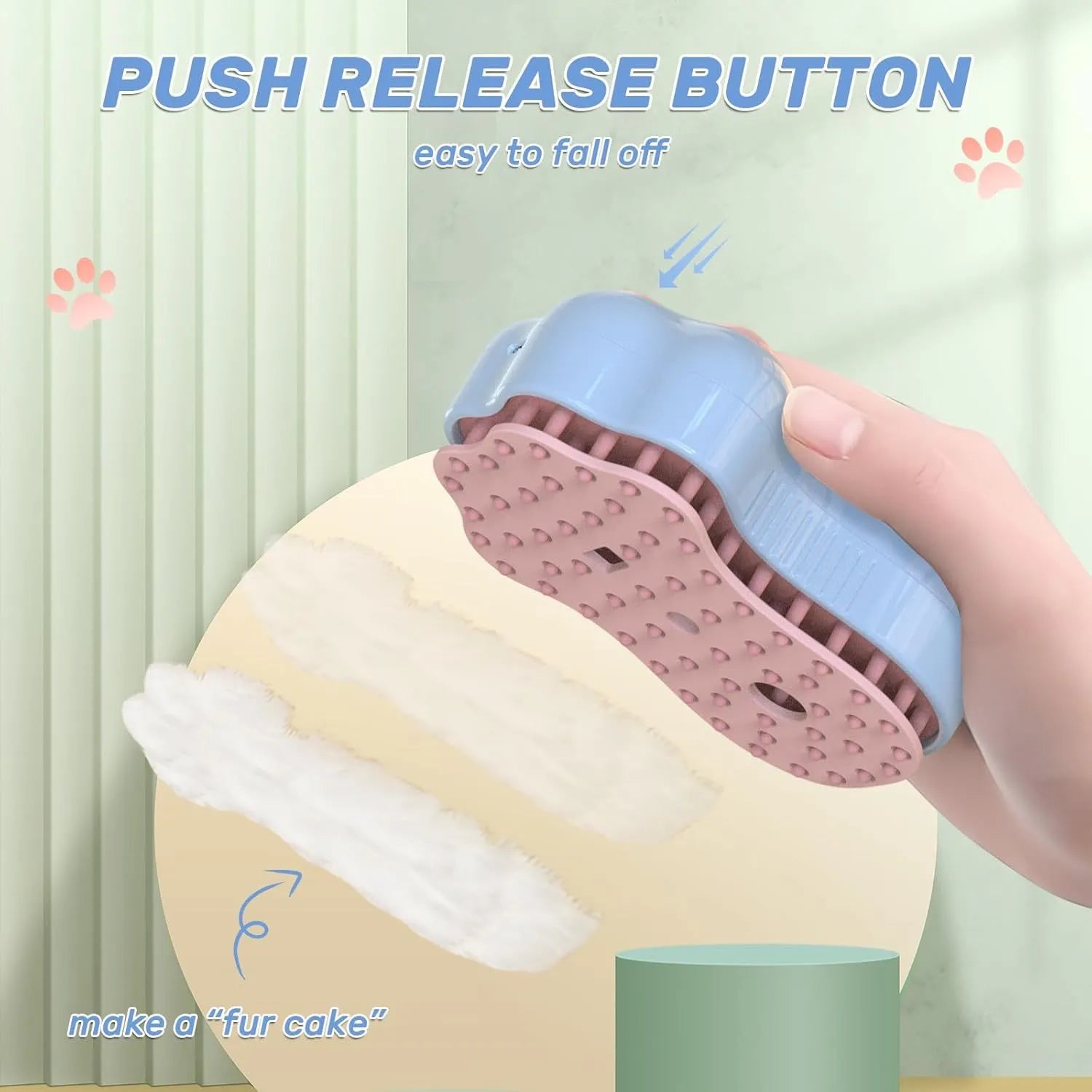 Blue self-cleaning cat steam brush with silicone bristles and a release button for pet grooming.