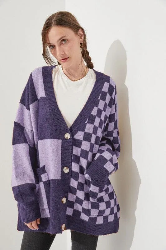 Loose fit cardigan with printed checks pattern in multiple colour options including grey, maroon and peacock blue