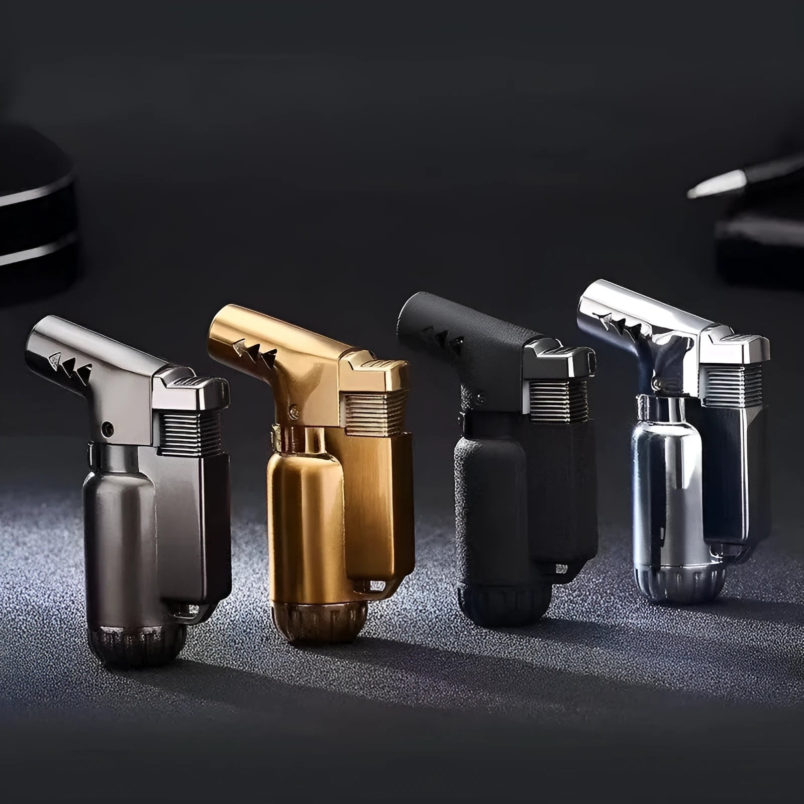 Full metal windproof lighter with elbow straight punch design in metallic finish