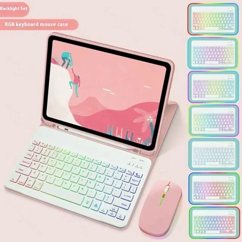iPad leather protective case with built-in luminous RGB backlit Bluetooth keyboard and optional mouse in various colours.