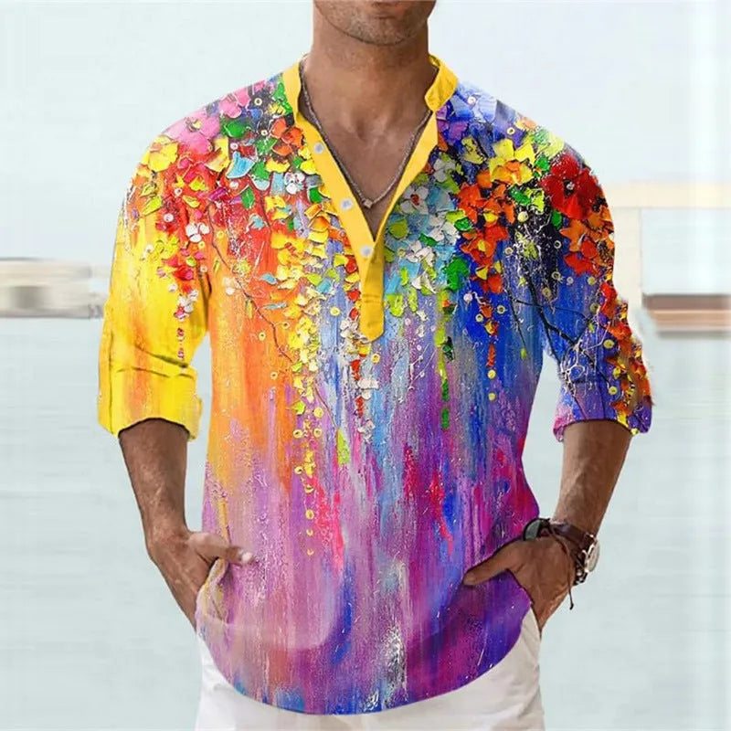 British style striped short sleeve shirt with 3D digital thermal transfer print on bamboo hemp fabric