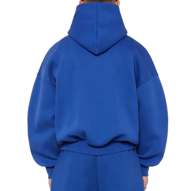 Men's grey fleece-lined cotton pullover hoodie with a front pocket and threaded long sleeves.