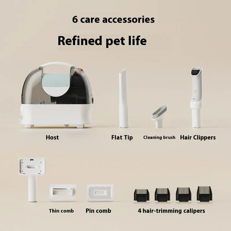 Pink and white pet grooming vacuum cleaner with hose, shear attachment, and grooming combs on a white background.