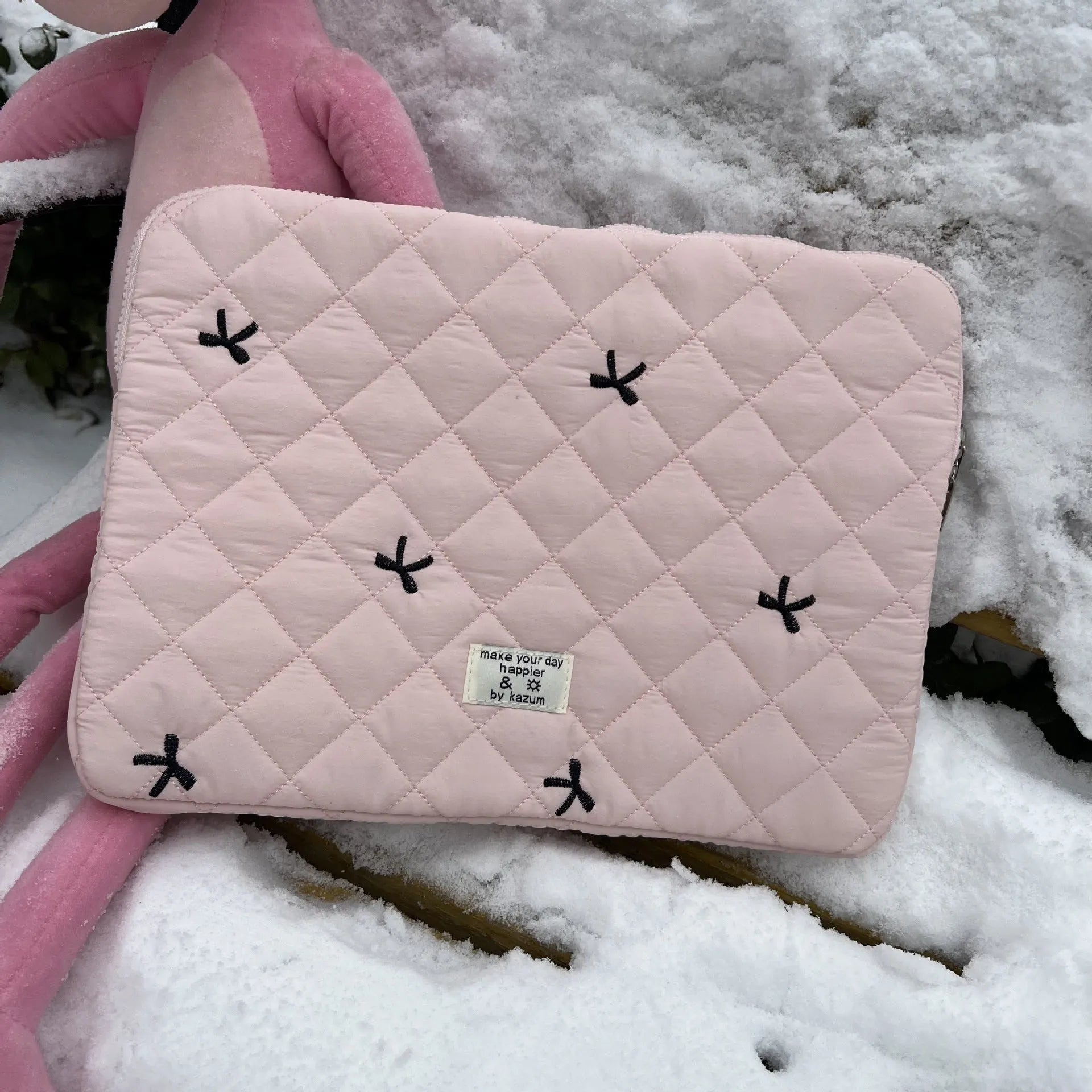 Laptop sleeve bag with rhombus embroidered bow in light blue colour
