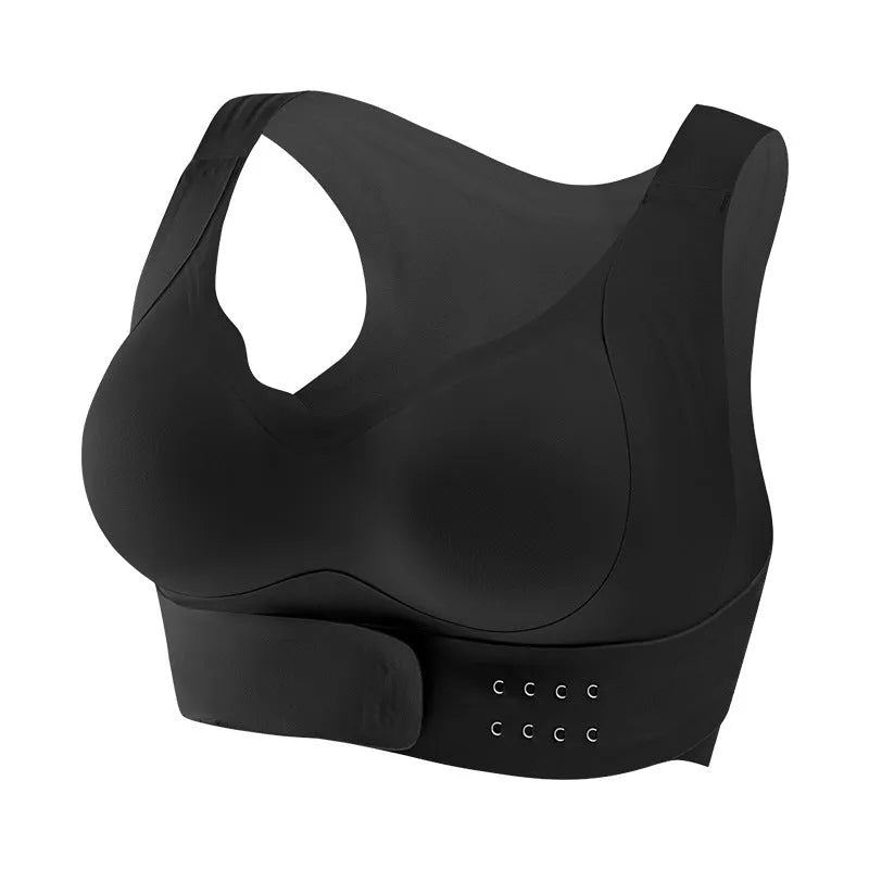 Women's front clasp sports bra with cross back design for yoga and exercise