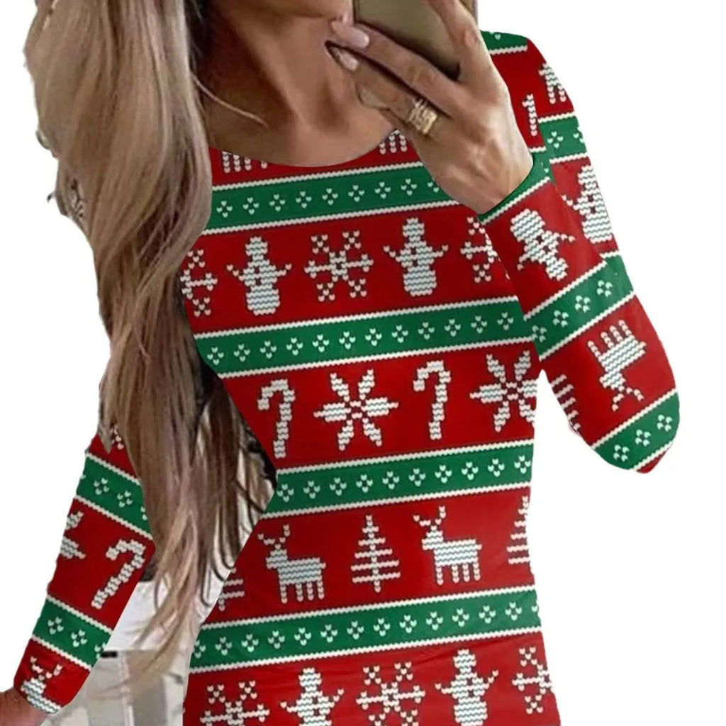 Women's Christmas printed dress with animal patterns, round neck, long sleeves in floral colours
