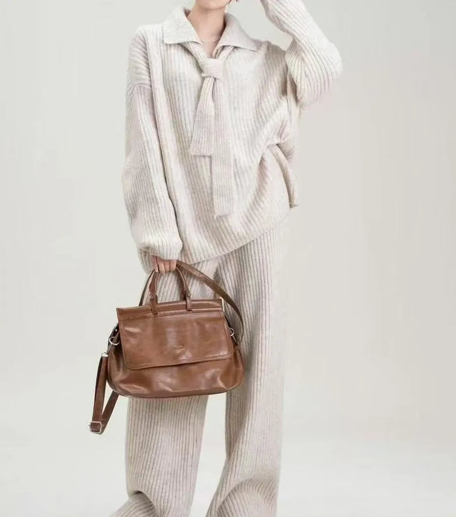 Sweater suit two-piece set featuring knit top and casual trousers in imitation cashmere fabric