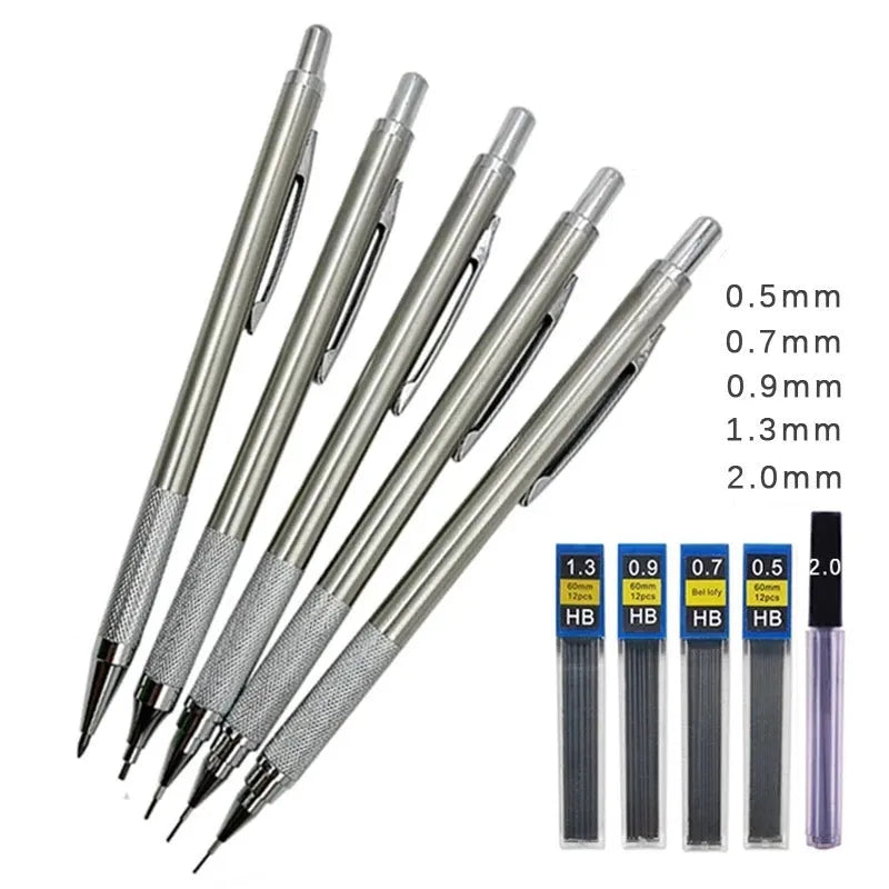 Metal automatic mechanical pencil on a surface, shown with multiple lead size indicators including 0.5mm and 2.0mm.