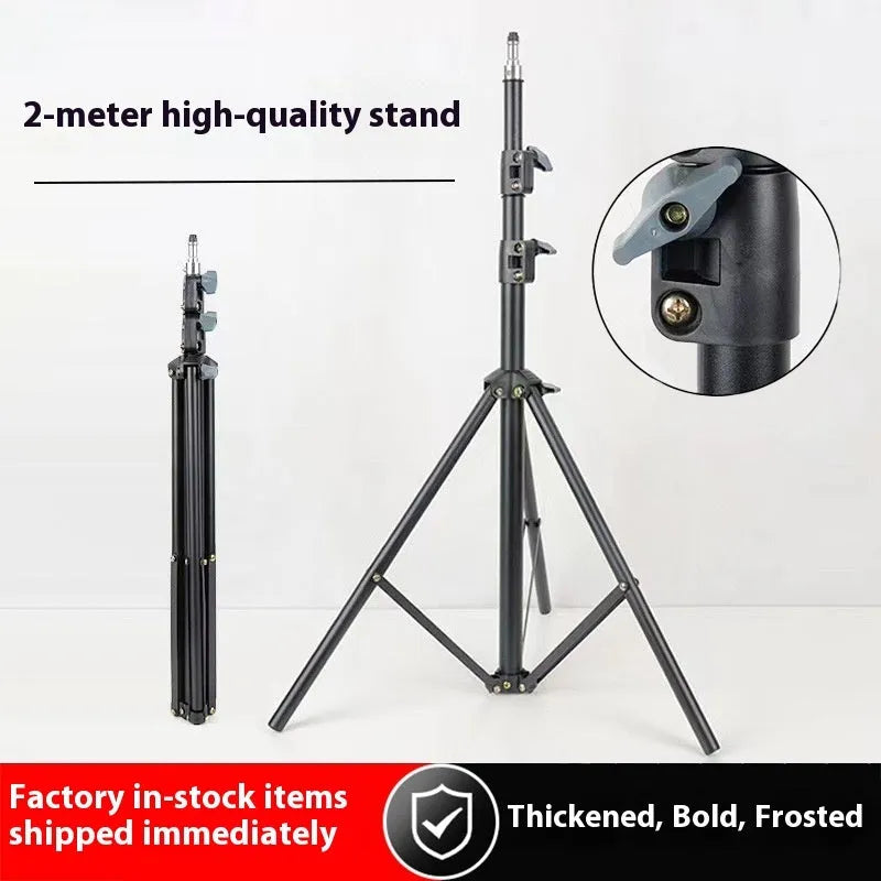 Frosted tripod light floor stand with mobile phone holder attached, carbon steel construction