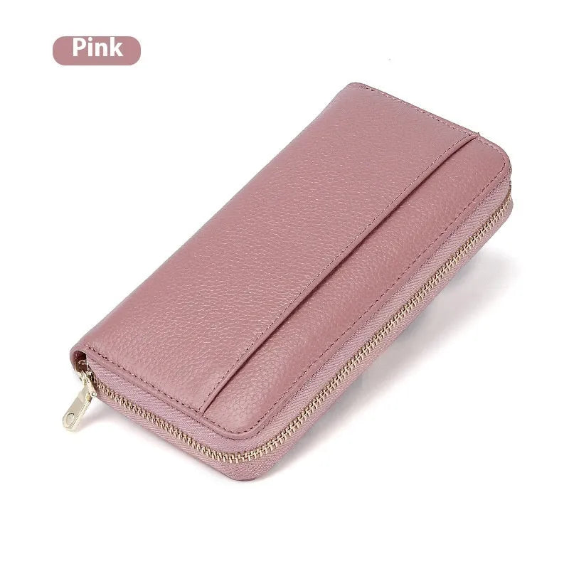 Long genuine leather women's wallet in six colours with anti-theft card swiping feature