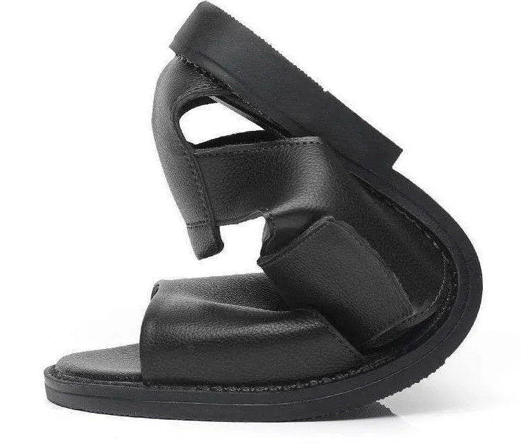 Men's black leather casual sandals with open toe and rubber sole on a plain background.