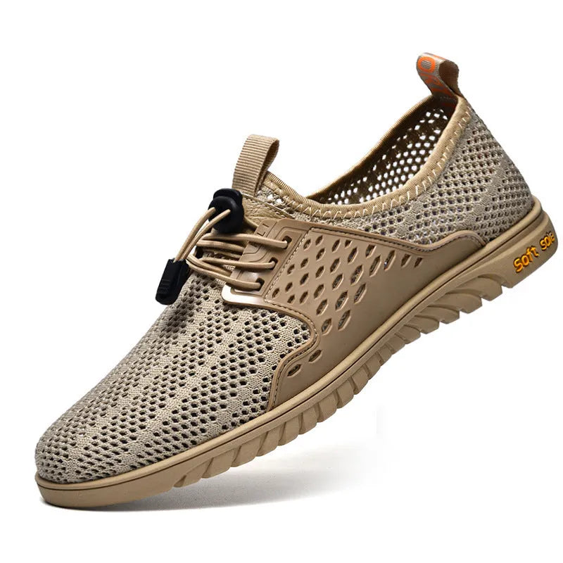 Men's black breathable mesh casual shoes with an elastic band closure and rubber sole