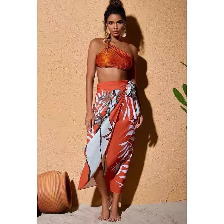 Brown high-waist push-up bikini set with chiffon dress cover-up for women