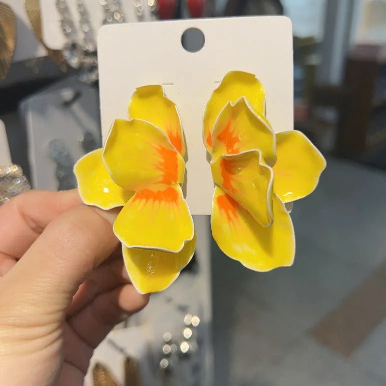 Pastoral style alloy flower stud earrings with oil-spot glaze finish in four colour variations