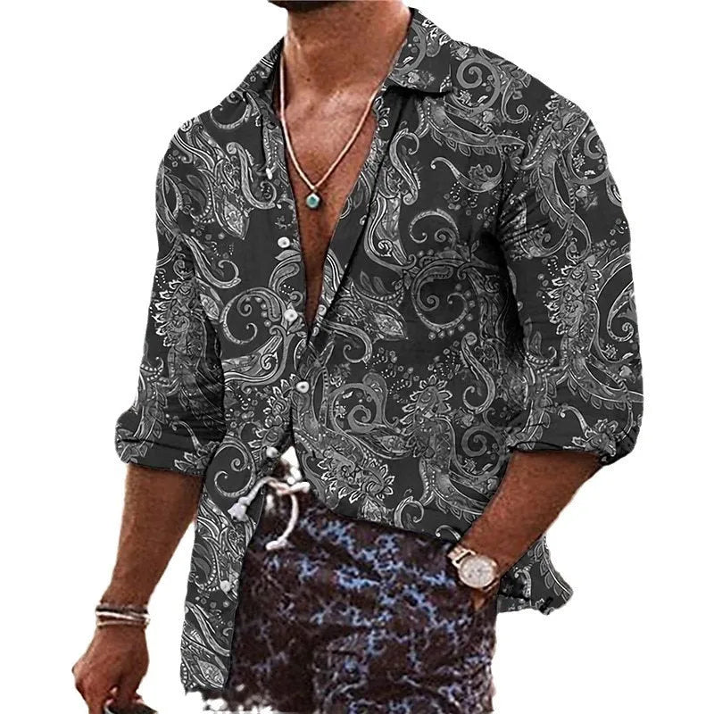 Men's loose fit bohemian style shirt with a detailed 3D floral pattern and long sleeves.