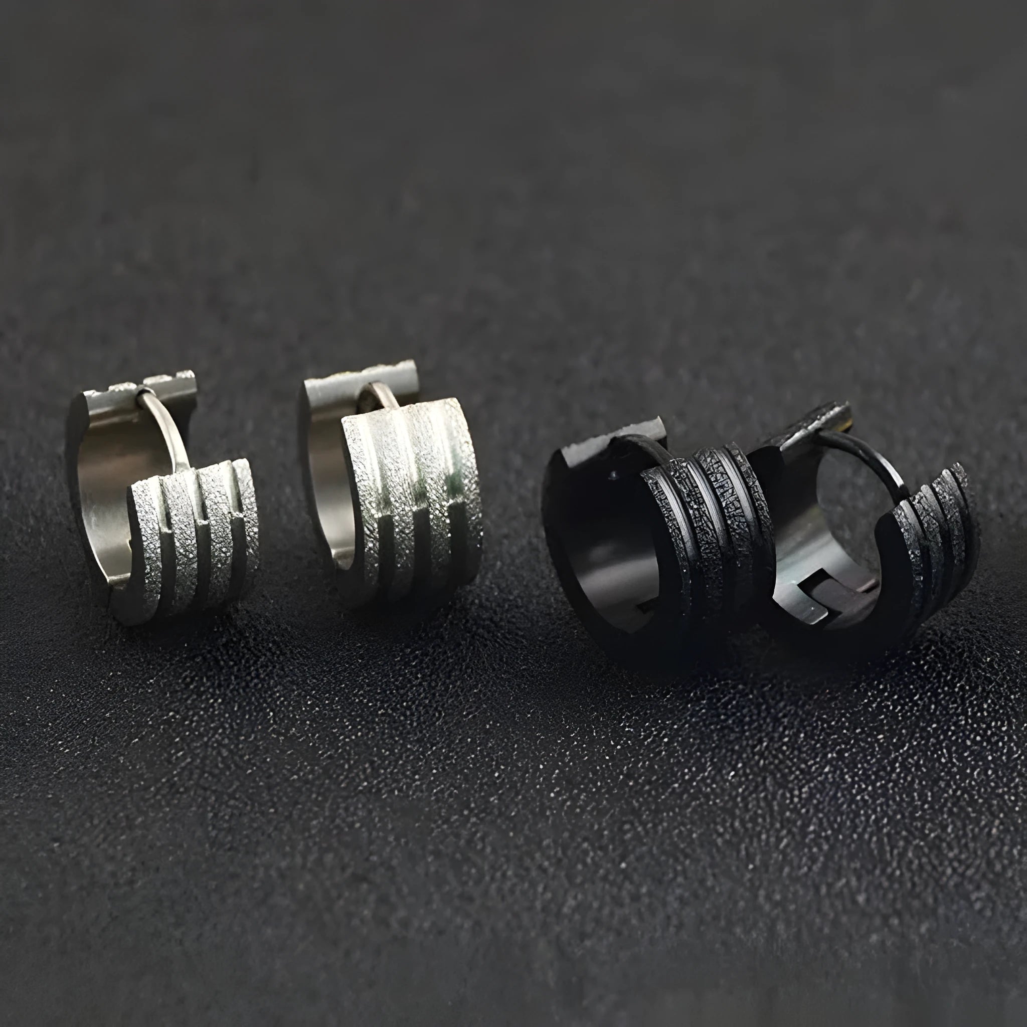 Korean style titanium steel earrings with three-line frosted geometry design in black, gold, or steel colour