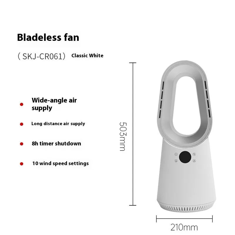 SK white bladeless tower fan with remote control placed on a wooden floor.