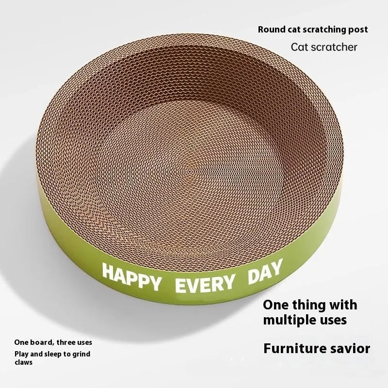 Green round cat nest with integrated sisal scratching surface, shown flat and assembled.