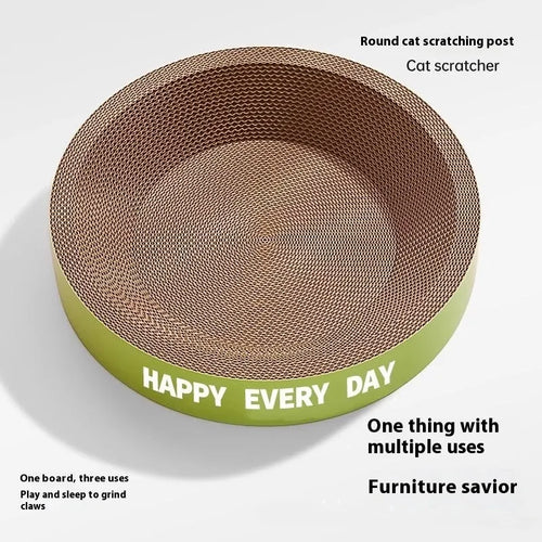 Green round cat nest with integrated sisal scratching surface, shown flat and assembled.