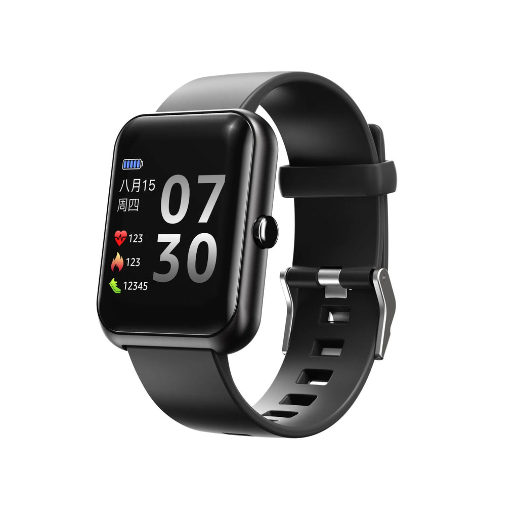 Square couple bracelet smartwatch with silicone strap and anodised aluminium metal case in multiple colours.