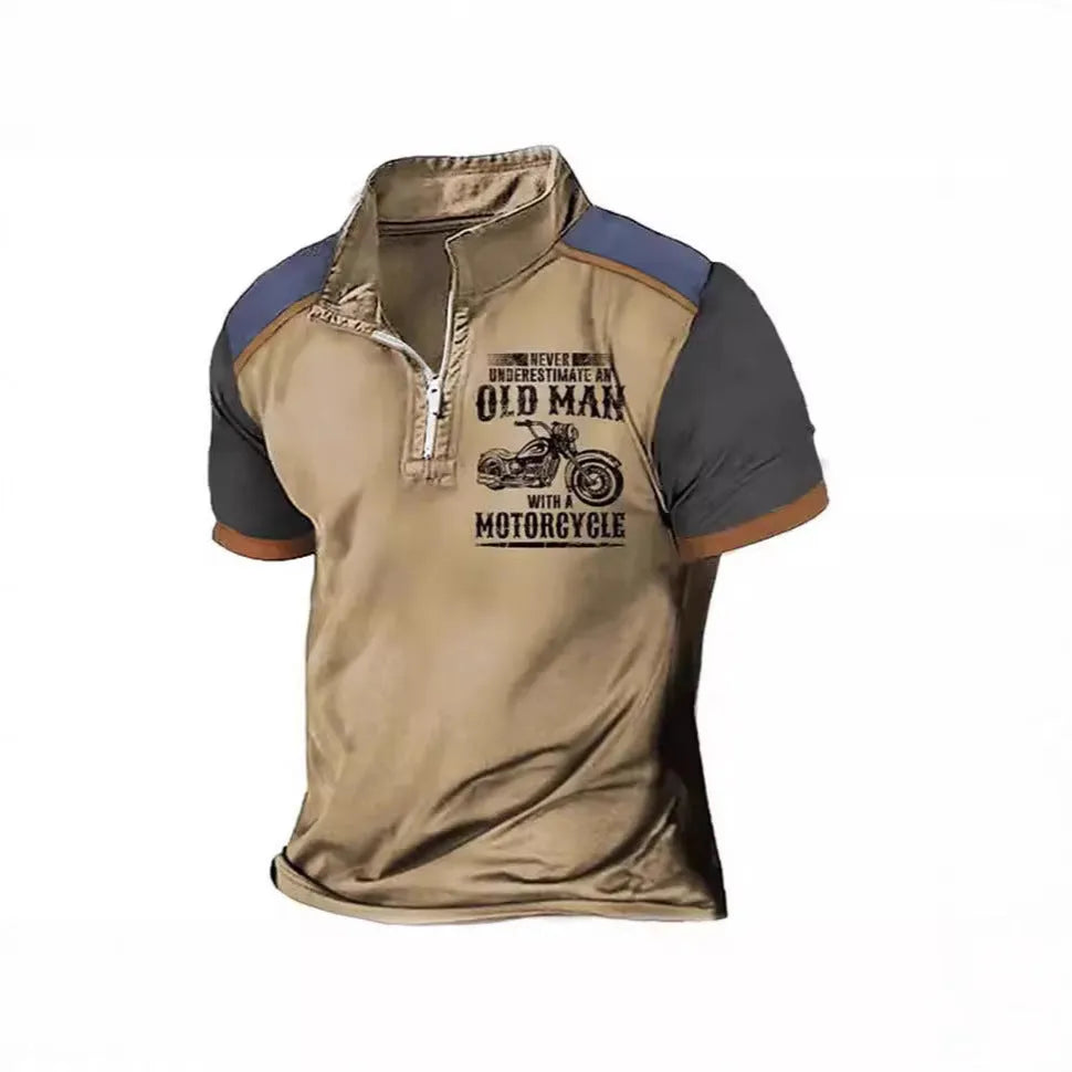 Men's casual polo shirt with digital letter print, lapel collar, and decorative zipper details on short sleeves.