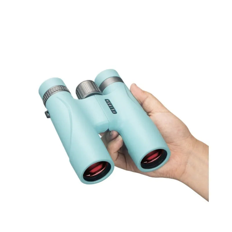 Blue and grey compact 10x32 binoculars with wine red film imaging lenses