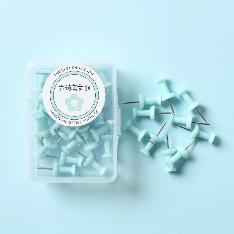Box of plastic push pins in macaron colours - cherry blossom pink, mint green and lavender
