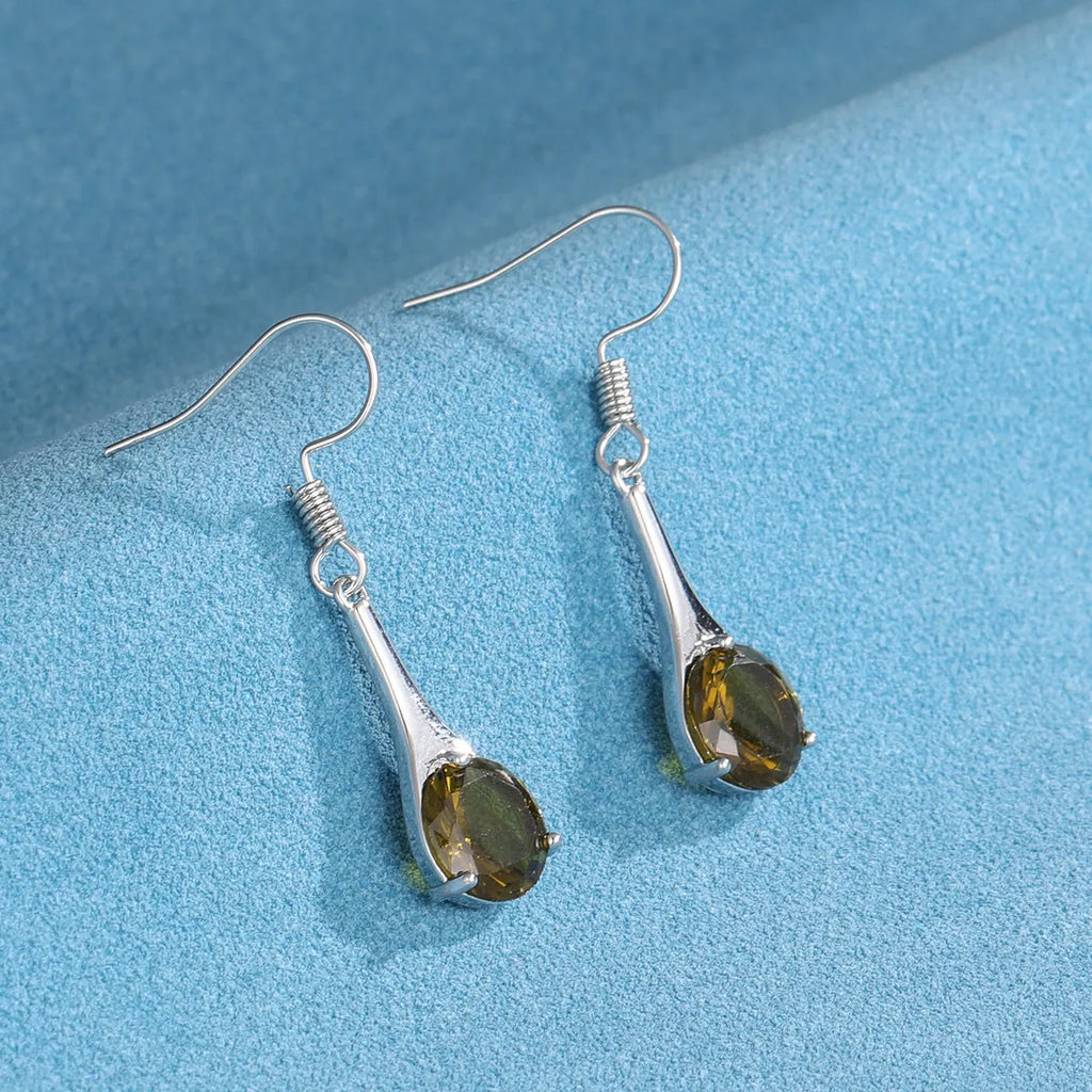Olive green topaz water drop shaped alloy earrings with electroplated finish