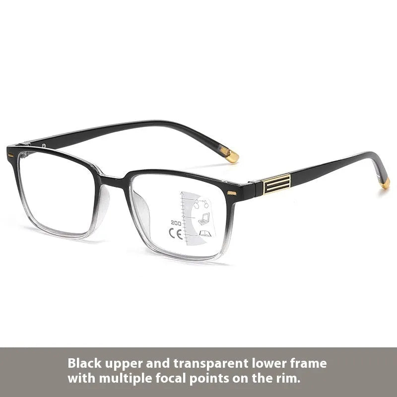 Multifocal reading glasses with photochromic blue light filtering lenses in various frame styles