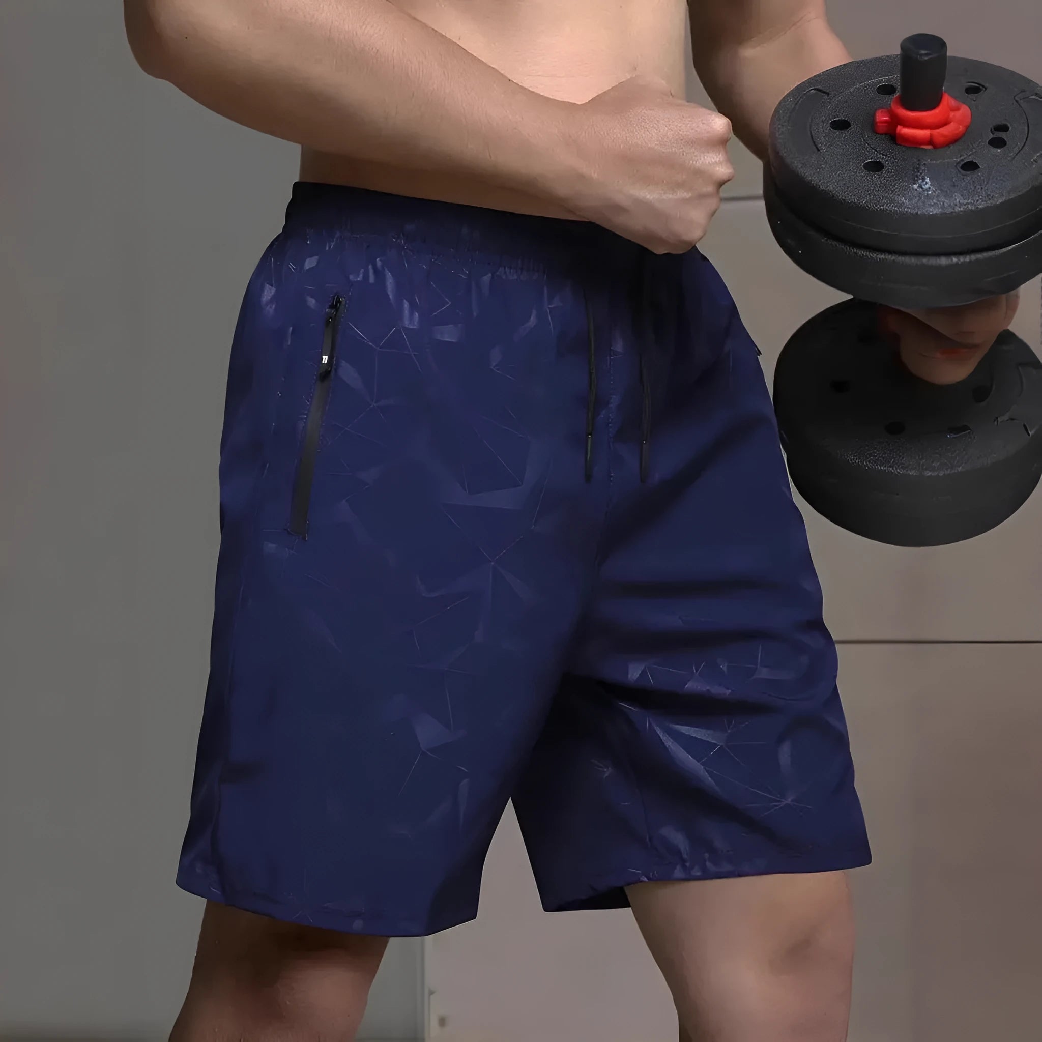 Men's loose-fit casual sports shorts in polyester, shown in black, blue, and grey colour options.