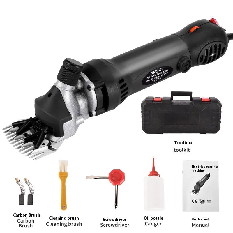Yellow electric wool shearing machine with 110V plug and complete accessory kit including multiple comb sets