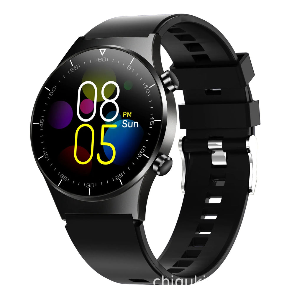Black smart watch with 1.3 inch touchscreen displaying heart rate and blood pressure readings