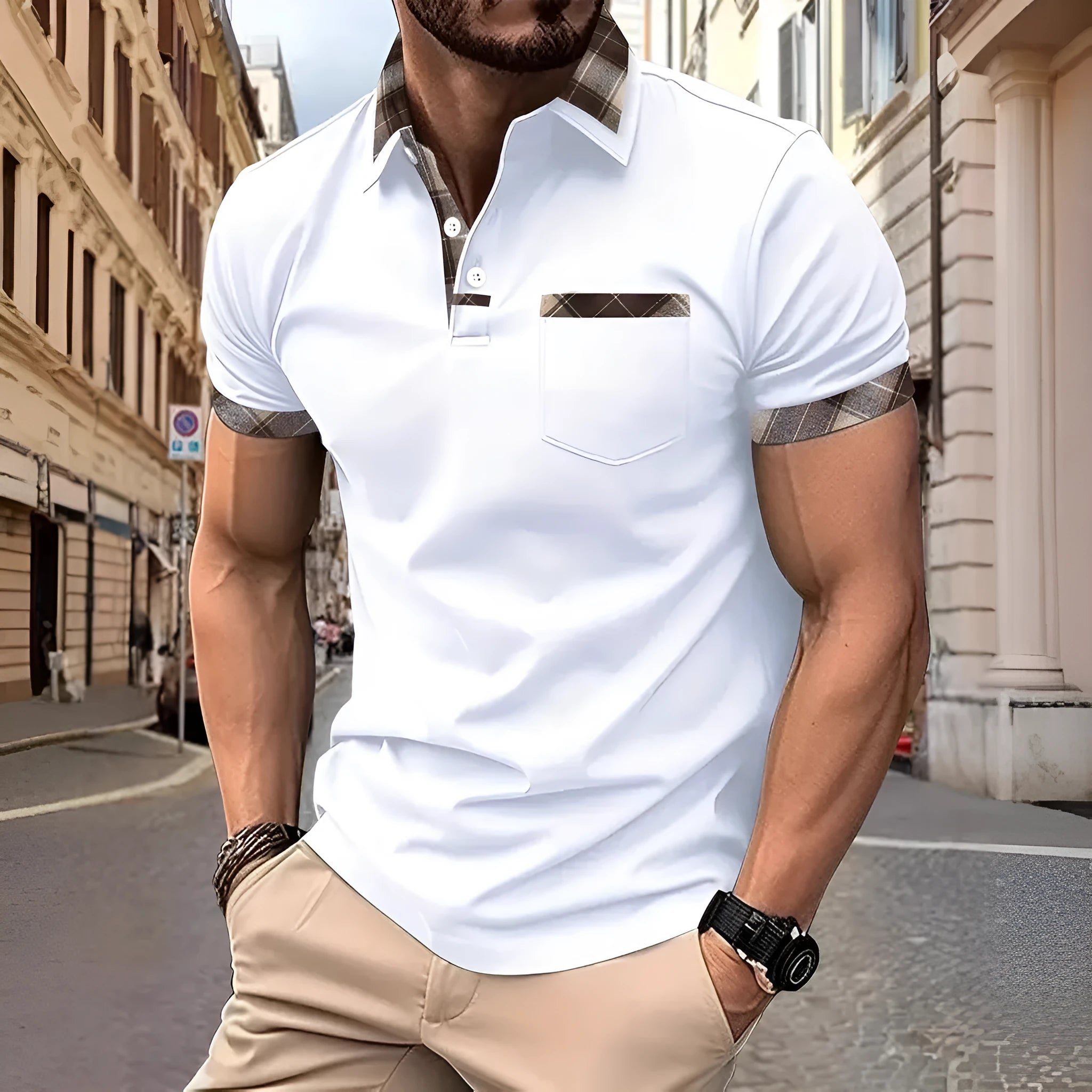 Men's plaid colourblock t-shirt with zipper decorations in loose fit for summer casual wear