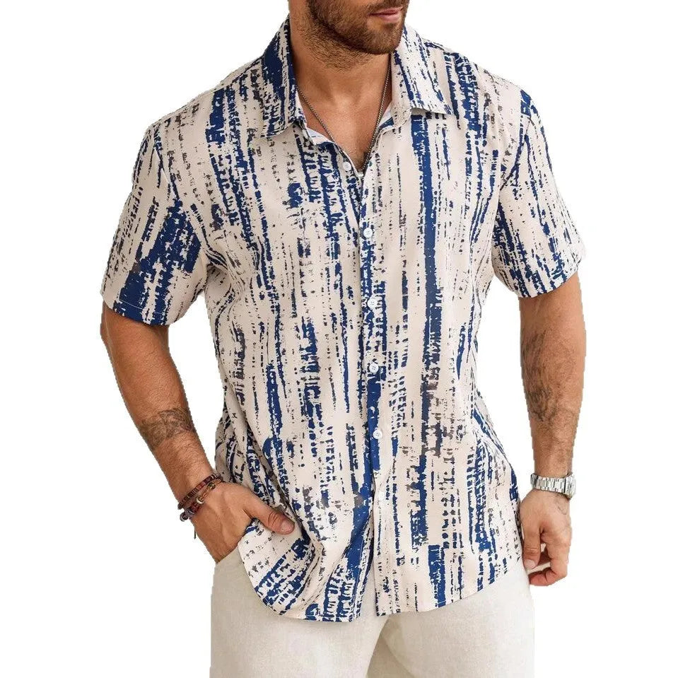 Men's 3D printed stripe pattern short sleeve shirt in polyester fabric