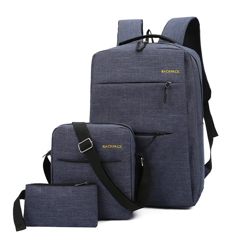 Three square nylon computer bags in black, grey, navy, or wine red, showing USB port and internal organiser pockets.