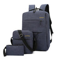 Three square nylon computer bags in black, grey, navy, or wine red, showing USB port and internal organiser pockets.