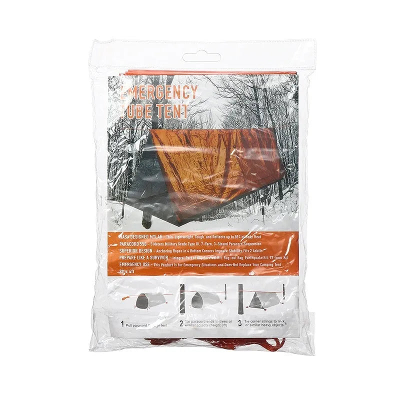 Portable orange emergency tent with sleeping bag and whistle for disaster relief camping