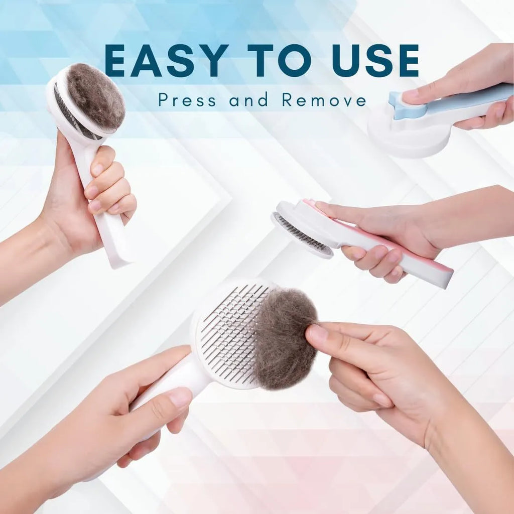 Blue self-cleaning pet grooming brush with stainless steel pins and ergonomic rubber handle
