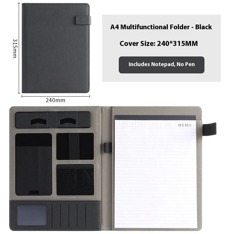 Black leather A4 business folder open to show document sleeve, pen loop, and notepad holder.