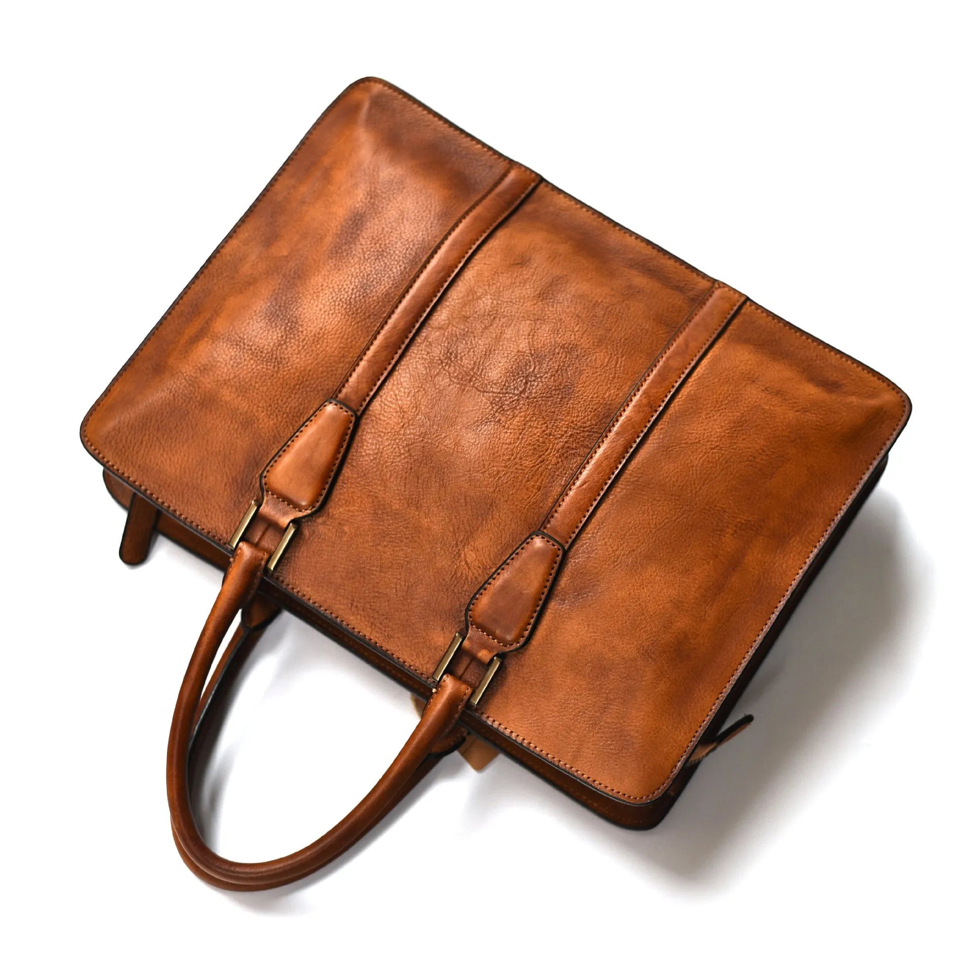 Men's 14-inch leather business handbag in horizontal square retro design with zipper closure