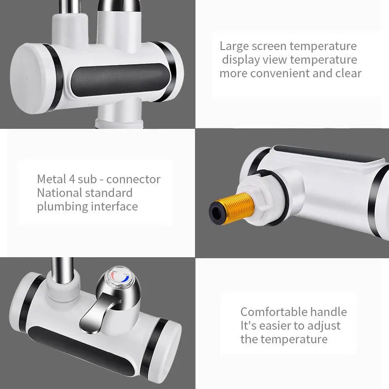 White kitchen electric water heater tap with digital temperature display for instant hot water