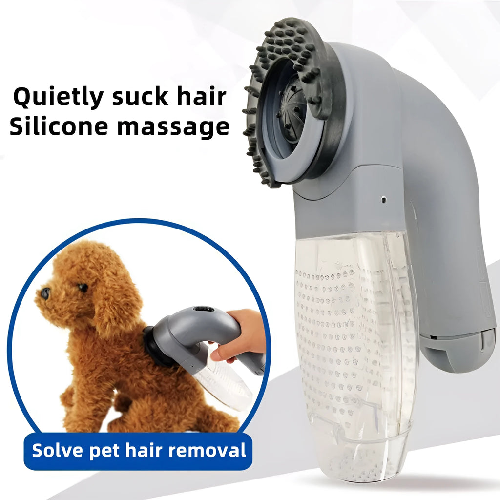 Grey portable electric pet hair removal brush with soft rubber head for grooming dogs and cleaning sofas.
